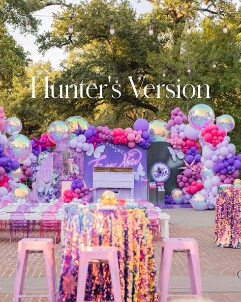 Macy Lima | Decorations | Hunter’s Version of TS party 💜 . Welcome 2024… this was the party that y’all went nuts for. The first reel I did for it has an… | Instagram Eras Party Theme, Eras Theme Party, Taylor Swift Birthday Decor, Speak Now Party, Taylor Swift Party Decorations, Backyard Movie Night Party, Swiftie Party, Swiftie Birthday, Diy Streamers