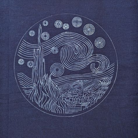 "Printed with heat erasable ink, do not iron before finishing the embroidery. Immerse yourself in the timeless beauty of Van Gogh's \"Starry Night\" with this handcrafted sashiko panel.  Measuring 50*50 cm, the hand-dyed indigo cotton sets the backdrop for a 35*35 cm printed area, surrounded by a 38 cm diameter circle.  The intricate sashiko embroidery brings the celestial masterpiece to life, inviting tranquility into any space. Crafted with heat-erasable ink, avoid ironing before completing th Embroidered Starry Night, Van Gogh Embroidery Patterns, Starry Night Embroidery Pattern, Starry Night Embroidery, Van Gogh Embroidery, Space Embroidery Pattern, Celestial Embroidery, Embroidered Jeans Diy, Embroidered Vans