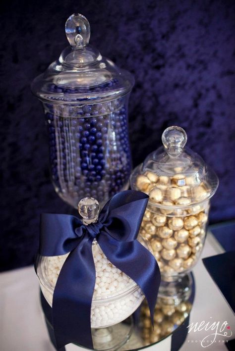 blue and gold baby shower | Inspirations: Navy Blue & Gold Baby Shower. use for bridal showers ... Blue And Gold Anniversary Decor, Navy Blue And Gold Dessert Table, Almond Rocha, Gold And Blue Party, Wedding Schemes, Navy Retirement, Gold Food, Deco Champetre, Gold Candy