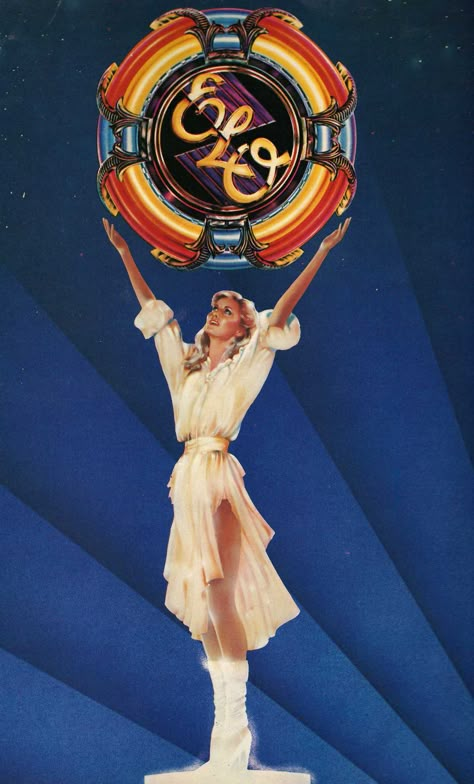 ELO… Olivia Newton-John as 'Kira'… Xanadu (1980) — need I say more? Electric Light Orchestra Aesthetic, Electric Light Orchestra Poster, 70s Signs, Electric Light Orchestra, 1980s Music, Jeff Lynne, Strange Magic, Saturday Night Fever, Olivia Newton