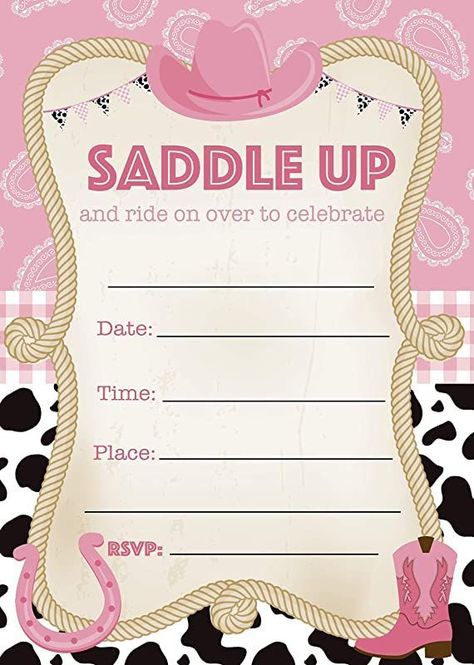 Cowgirl Birthday Invitations Template, Cowgirl Party Favors, Cowgirl Invitations, Cow Birthday Parties, Birthday Party Pink, Western Birthday Party, Rodeo Party, Cowboy Birthday Party, Western Birthday