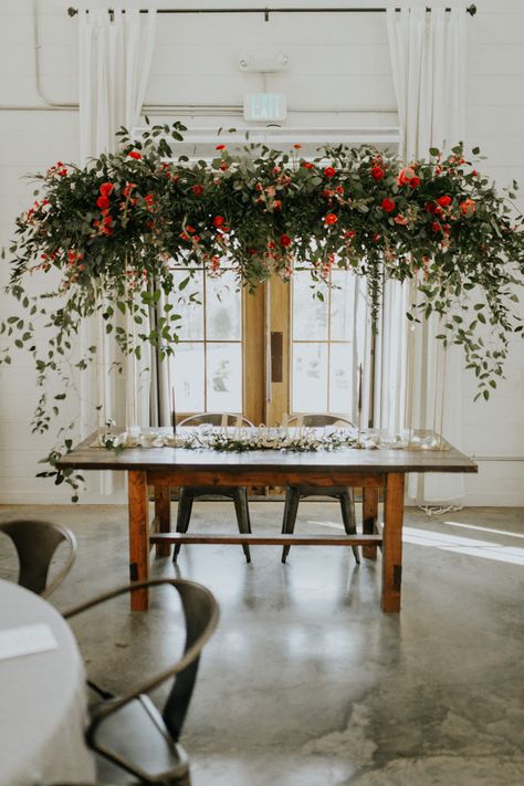 Flowers Above Table Wedding, Flowers Over Table Wedding, Floral Overhang Wedding, Suspended Greenery Wedding, Greenery Floral Installation, Suspended Flower Installation, Sweetheart Table Hanging Flowers, Hanging Flowers For Wedding, Head Table Hanging Flowers