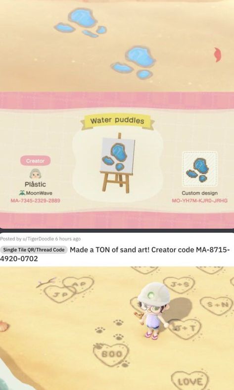 Sand Drawing Acnh, Acnh Pool Path Code, Cute Custom Designs Animal Crossing Paths, Acnh Footprints Code, Acnh Sand Drawing Codes, Animal Crossing Aesthetic Clothes Code, Puddle Design Acnh, Acnh Water Puddle Design, Animal Crossing Puddle Design