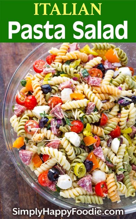 Italian Pasta Salad is loaded with yummy ingredients. Everything from salami, cherry tomatoes, and olives, to fresh mozzarella and more! This pasta salad recipe comes together quickly. This is one delicious pasta salad that will impress your guests! simplyhappyfoodie.com #italianpastasalad #pastasalad Classic Pasta Salad Recipes, Mozerella Salad, Pasta Salad Recipes With Italian Dressing, Pasta Salads Cold, Italian Pasta Salad Recipes, Best Italian Pasta Salad, Simply Happy Foodie, Easy Italian Pasta Salad, Classic Pasta Salad