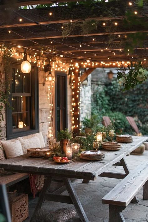 "Create a warm and welcoming atmosphere with a Rustic Outdoor Dining Area! 🍽️🌾 Perfect for enjoying meals under the stars. 🌟✨ #OutdoorLiving #RusticDining #GardenDesign" Screened Porch Dining Area, Front Porch Dining Ideas, Rustic Back Porch, Outdoor Dining Area Ideas, Rustic Outdoor Dining, Landscaping Front Porch, Front Porch Lights, Decorate Front Porch, Decoration Front Porch