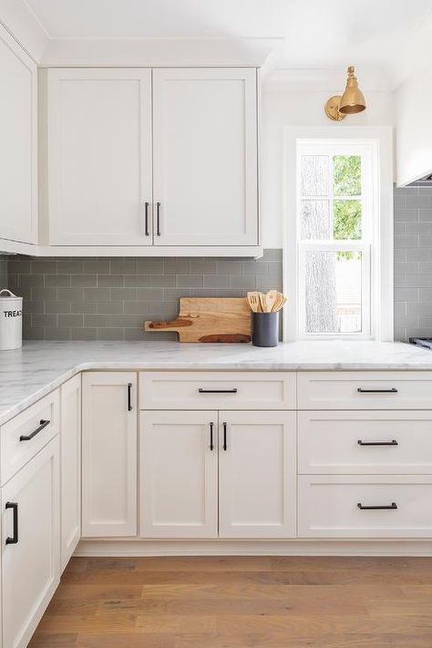 White Kitchen Cabinets With Grey Backsplash, White Shaker Cabinets Subway Tile Backsplash, Dark Gray Subway Tile Backsplash, Grey Lowers And White Uppers, White Kitchen Cabinets Grey Backsplash, White Cabinets Grey Subway Tile, White Cabinet Gray Backsplash, White Cabinet Grey Backsplash, Kitchen Gray And White Cabinets