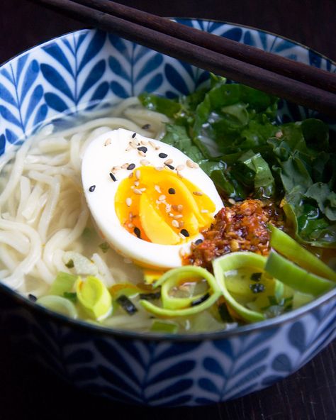 Miso, Leek & Noodle Soup Easy Miso Noodle Soup, Carrot Leek Soup With Miso, Miso Soba Noodle Soup, Garlic Miso Noodle Soup, Miso Soup Bokchoy, Turkey Stock, Kale Leaves, Udon Noodles, Chili Paste