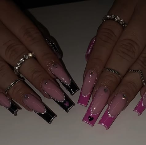 Long Acrylic Nails Coffin Black French Tip, One Hand Black One Hand Pink Nails, Pink And Black Nails With Charms, Medium Valentines Day Nails, Pink And Black Prom Nails, Black And Pink Acrylics, Hot Pink Nails With Black, Black And Pink Nails Acrylic, Hot Pink And Black Nails Acrylics