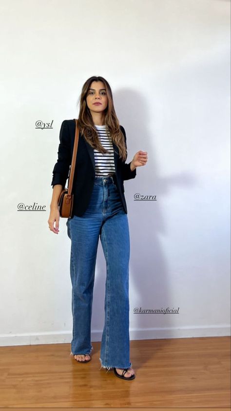 Converse And Blazer Outfit, Trouser Jeans Outfit Work, Wide Leg Jeans With Blazer, 90s Suits Women, Black Blazer Jeans Outfit, Casual Friday Outfit Office, Outfit Dinner Night Casual, Friday Office Outfit Casual Jeans, Jeans Work Outfits Women