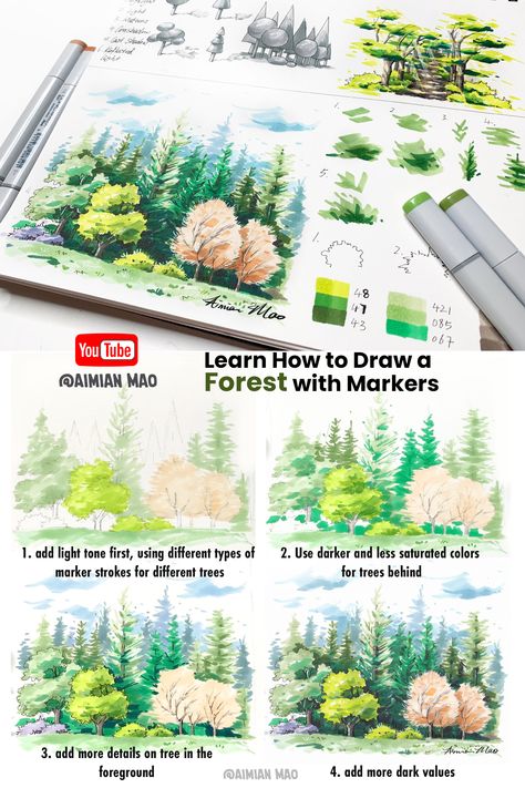 Draw Forests with Markers Tutorial video Youtube Colored Marker Art, Ohuhu Markers Art Tutorial, Copic Marker Drawings Tutorials, Illustration Markers, Copic Marker Tutorial, Alcohol Marker Art Tutorial, Marker Color Drawing, Marker Tutorial Drawing, Promarker Tutorial