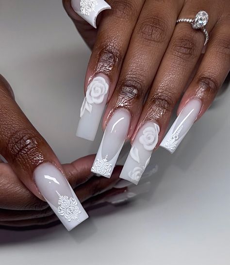 Bridal freestyle 🥂🕊♡₊˚₊✧ Sweet girl Came to make her big day xtra special with some fresh claws ✨ • Check out @ash_doesnailz for appointments/content/inspo & more • July books open! Link to book in bio 🤗 • Products used @vbeautypure Soft touch & crystal clear @dndgel French white gel polish No cleanse top coat #weddingnails #bridalnails #weddinginspo #softwhitenails #whitenails #3drosenails #3dflowernails #embossednails ##vintagenails #vbeautypure #vbeauty #dndgelpolish #summernails... Milky White Nails With White Design, White Base Nail Design, White Base Acrylic Nails, White Gel Polish, Bio Products, Junk Nails, 3d Flower Nails, Books Open, Milky Nails