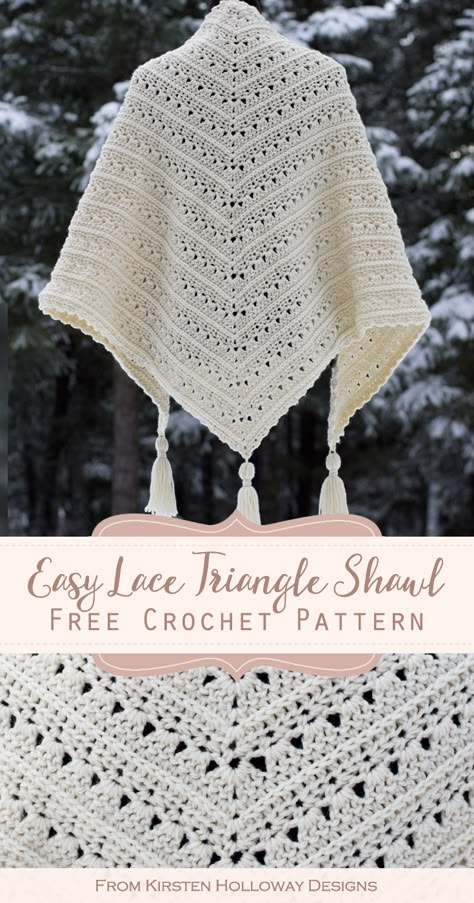 The classic triangle shape and lacy stitches make the Primrose and Proper shawl pattern a quick, easy and, beautiful project to dress up your wardrobe this winter. #KirstenHollowayDesigns #easycrochetshawlpattern #freecrochetpattern Gamma Shawl Pattern, Blanket Shawl Crochet Pattern, Primrose Stitch Crochet Pattern, Winter Crochet Shawl, Crochet Patterns Shawl Wrap, Crochet Handbands Free Pattern, Crochet Shallow Triangle Shawl, Crochet Shawl Border, Crochet Triangle Shawl Pattern Free Easy Simple