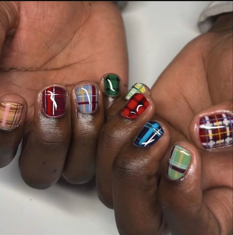 Funky French Tips, Plaid Gel Nails, Green And Black Nail Designs, Goldfish Nails, Funky Short Nails, Weird Nail Ideas, Short Gel X Nails, Short Funky Nails, Masculine Nails