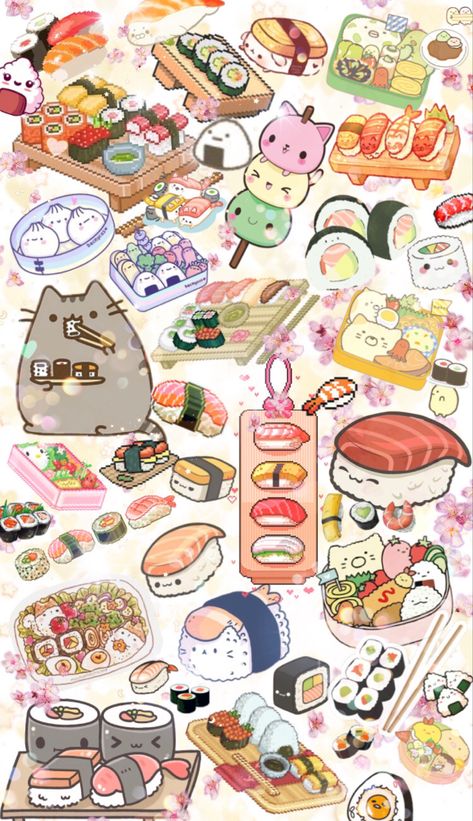 Sushi Cat Wallpaper, Sushi Wallpaper Aesthetic, Sushi Aesthetic Wallpaper, Cute Sushi Wallpaper, Kawaii Sushi Wallpaper, Kawaii Food Wallpaper, Sushi Doodle, Anime Food Wallpaper, Sushi Wallpaper