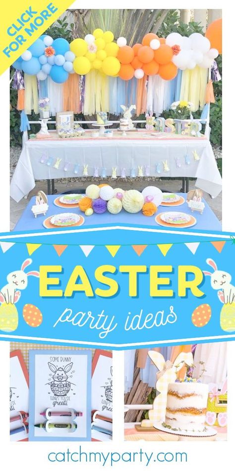 Check out this fun Easter party! The cakes are gorgeous! See more party ideas and share yours at CatchMyParty.com #catchmyparty #partyideas #easter #easterparty #spring #easterbunny Easter Kids Table, Egg Hunt Party, Kids Easter Party, Rustic Party, Easter Garden, Birthday Party Activities, Easter Candy, Easter Ideas, Party Activities