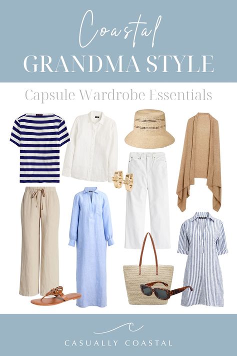 Grandma Summer Outfits, Coastal Grandmother Wardrobe, Grandma Coastal Fashion, Costal Grandma Outfit, Coastal Casual Outfit, Coastal Style Clothing, Plus Size Costal Grandmother, Coastal Grandma Outfit Aesthetic, Casual Coastal Outfits