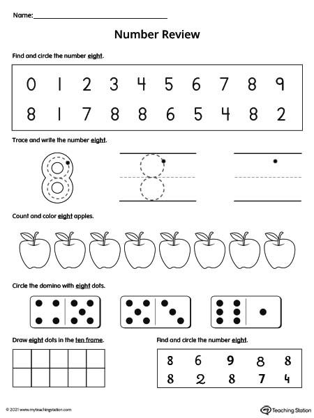 Number 8 Review Worksheet | MyTeachingStation.com Preschool Math Curriculum, Preschool Number Worksheets, Number Formation, Math 8, Kindergarten Reading Activities, Preschool Math Worksheets, Numbers Kindergarten, Math Groups, Printable Preschool Worksheets