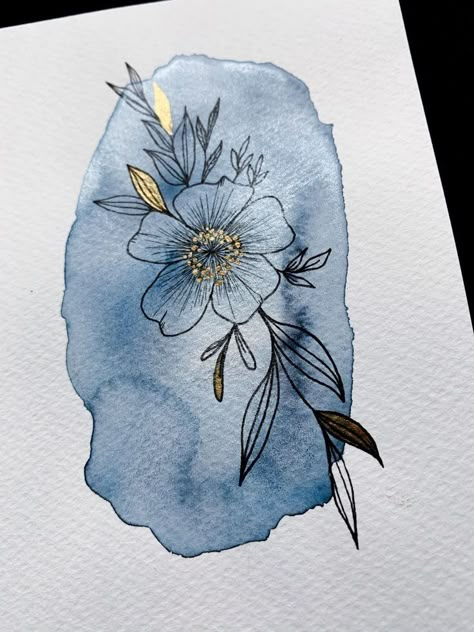 Handmade Paper Watercolor Painting, Line Art Over Watercolor, Metallic Flower Painting, Watercolor Paper Art, Watercolor Metallic Paint, Ink And Watercolor Flowers, Metallic Watercolor Ideas, Painting With Metallic Paint, Watercolor With Metallic Paint