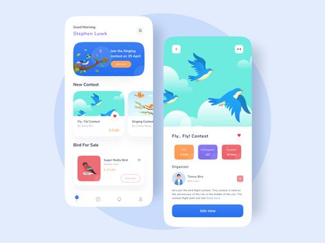 Illustrations used in this minimal UI design have a good effect on enhancing the user experience. Moreover, the vibrant colours are also a catch for this design. Know more about this design by Vetrick Wilsen by following up with the pin. Follow @uibucket for more daily design inspiration. Minimal Ui Design, Birds For Sale, App Interface Design, App Interface, Aquatic Animals, App Ui Design, App Ui, Interface Design, User Experience