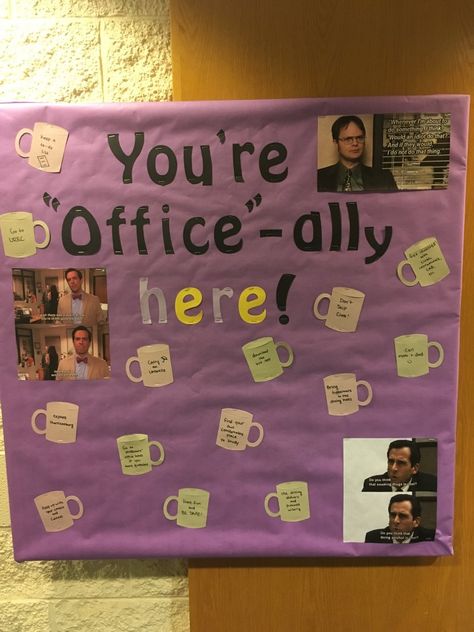 The Office Welcome Bulletin Board The Office Themed Bulletin Board, The Office Ra Bulletin Boards, The Office Door Decs, Bulletin Board Ideas Work Offices, Closing Bulletin Board Ra Summer, The Office Ra Board, Welcome College Bulletin Boards, The Office Bulletin Board, Resident Assistant Bulletin Boards Welcome