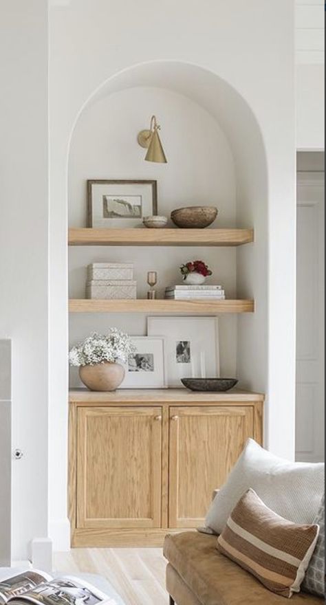 Arched Built Ins Next To Fireplace, Wall Niche Dining Room, Arched Alcove Shelves, Arch Wall Built In, Built In Shelves Living Room Arch, Arch Wall Shelves, Round Built In Shelves, Arched Shelves Fireplace, Arch Alcove Ideas