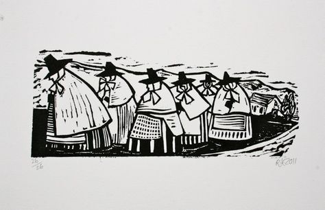 Eisteddfod Ruth Jen, Welsh folk artist 1 Welsh Illustration, Welsh Folk Art, Welsh Art, Welsh Lady, Printmaking Projects, Medieval Artwork, Lino Art, Mid Century Art, Linocut Prints