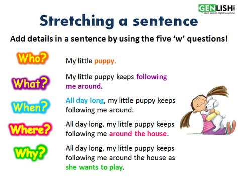 Stretching A Sentence, Sentence Stretching, English Speaking For Kids, Combining Sentences, Making Sentences, English Activities For Kids, Elementary Writing, Primary Lessons, Writing Classes