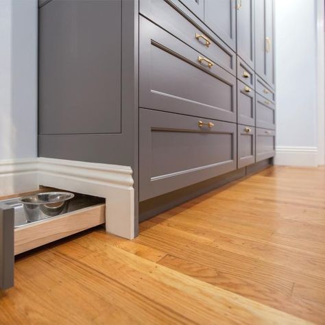 HGTV features a hidden pet food bowl drawer that matches the gray kitchen cabinetry. Pet Area Ideas, Dog Food Cabinet, Kitchen Gray, Pet Diy, Dog Feeding Station, Red Dining Room, Grey Drawers, Pet Area, Traditional Dining Rooms