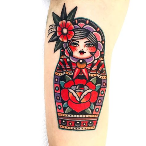 China Doll Tattoo, Nesting Doll Tattoo Traditional, Traditional Nesting Doll Tattoo, Matryoshka Tattoo Traditional, Russian Dolls Tattoo, Matroyska Doll Tattoo, Russian Doll Tattoo Traditional, Russian Stacking Doll Tattoo, Nesting Doll Tattoo