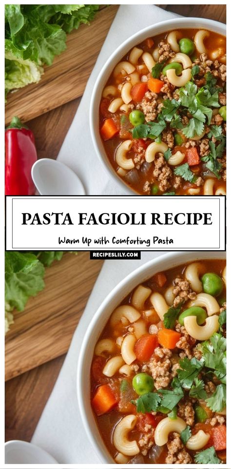 This Pasta Fagioli recipe is my go-to for a warm and hearty meal. Packed with pasta, veggies, and savory ground meat, it’s comforting and full of flavor. Perfect for chilly evenings or when I need a bowl of happiness! Give it a try and see how it warms your soul! Recipes With Carrots, Pasta Fagioli Recipe, Pasta Veggies, Comfort Pasta, Pasta Types, Lentil Pasta, Pasta Fagioli, Italian Soup, Small Pasta