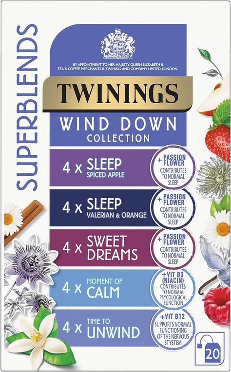 Take a sip and let your dreams take you away with this deliciously sweet and serene blend of spiced apple and vanilla herbal tea infusion Delicious, light & gentle floral blend with Valerian Root & Orange Blossom herbal tea with lavender This wind down collection contains a total of 20 individually wrapped envelopes Contributes to normal psychological function Twinning Tea, Tea Infusion, Twinings Tea, Caffeine Content, Luxury Food, Valerian Root, Chocolate Sweets, Valerian, Passion Flower