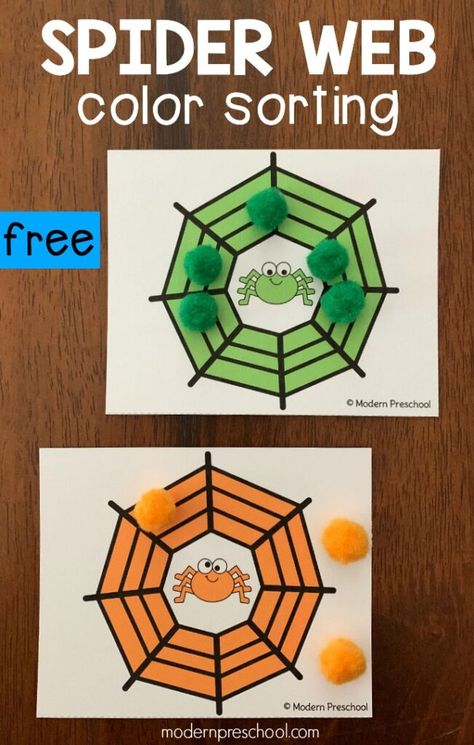 Fun Preschool Halloween Activities, Spider Sorting Activity, Eric Carle Very Busy Spider Activities, Spider Cognitive Activities, Pumpkin Sorting Preschool, Spider Centers Preschool, Spiders Lesson Plans For Preschool, Preschool October Art, Halloween Sorting Preschool