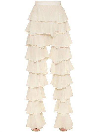 Ruffled Silk Chiffon Pants White Ruffle Pants, Ruffle Outfits Women, Collection Moodboard, College Assignment, Mermaid Pants, Balmain Pants, Balmain Women, Cloth Pants, Chiffon Pants