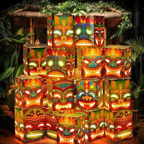 Amazon.com: Janlaugh 8 Pcs Tiki Totem Box Decor with Light, Luau Party Decorations for Hawaiian Birthday Party Tropical Aloha Decor 9.84" x 7.09" Tiki Lighted Gift Boxes for Garden Patio Porch Outdoor Decor : Home & Kitchen Aloha Decor, Hawaii Decorations, Tikki Bar, Havana Nights Party Theme, Havana Nights Theme, Hawaiian Luau Party Decorations, Tiki Lights, Luau Decorations, Porch Outdoor