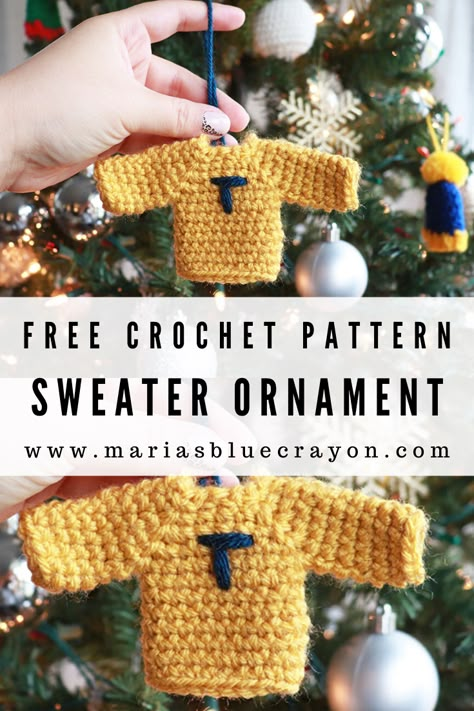 This adorable tiny sweater can be personalized for everyone in the family and hung on your tree as an ornament or added to gifts! Get the free pattern on my blog. #crochet #ornament #sweater Crochet Christmas Sweater Ornament Pattern, Tiny Sweater Crochet Pattern, Harry Potter Sweater Ornament, Crochet Tiny Sweater, Crochet Sweater For Toy, Crochet Harry Potter Christmas Ornaments, Crochet Sweater Ornaments Free Pattern, Sweater Ornament Crochet, Tiny Crochet Doll Clothes Free Pattern