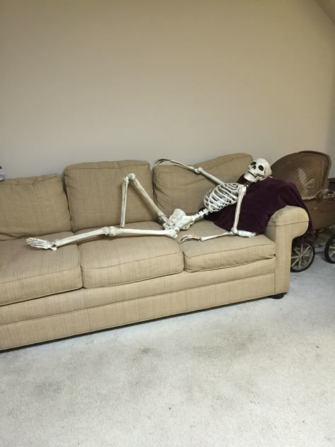 Skeleton travels Skeletons Doing Things, Skeleton Laying Down, Spooktober Memes, Skeleton Pics, Silly Skeleton, Fun Diy Halloween Decorations, Cool Skeleton, Funny Skeleton, Halloween Diy Crafts