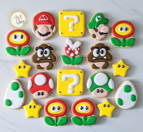 Mario Theme Cookies, Sonic And Mario Birthday Party, Super Mario Sugar Cookies, Super Mario Bros Cookies, Super Mario Cookies Decorated, Mario Cookies Decorated, Mario Birthday Cookies, Nintendo Cookies, Mario Brothers Cookies