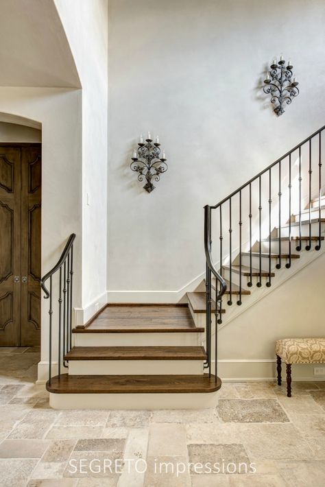 From SEGRETO impressions (2019) by Leslie Sinclair. Magnificent plaster walls and ceilings in the entry of a charming newly constructed Country French home. #staircase oldworld #frenchcountry #plasterwalls #interiordesign Small Room Paint, Home Staircase, Country French Home, French Country Colors, Iron Stair Railing, Spanish Style Home, French Home, Staircase Railings, Best Paint Colors