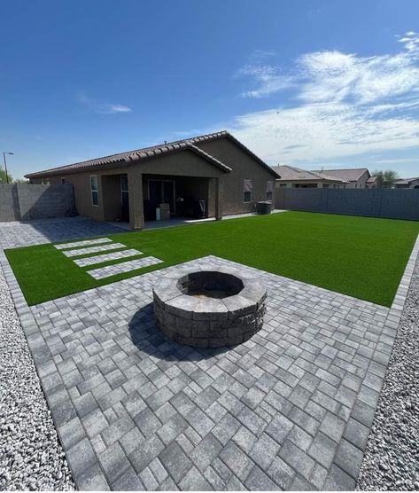 Big Pavers Backyard, Backyard Paver And Turf Ideas, Backyard Grass And Concrete, Concrete And Fake Grass Backyard, El Paso Backyard Ideas, Simple Turf Backyard Ideas, Small Backyard With Turf, Simple Arizona Backyard, Backyard Patio Designs With Pavers