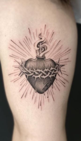 << Check out more Sacred Heart Tattoos and Ideas #tattoomenow #tattooideas #tattoodesigns #tattoos #divine #sacredheart #christian #religious #immaculateheart Gods Heart Tattoo, Divine Sacred Heart Tattoo, Sacred Heart Sternum Tattoo, Jesus Heart Tattoo, Sacred Heart Chest Tattoo, Sacred Heart Tattoo Traditional, Sacred Heart Of Jesus Tattoo, Sacred Heart Tattoo Design, Religion Tattoo