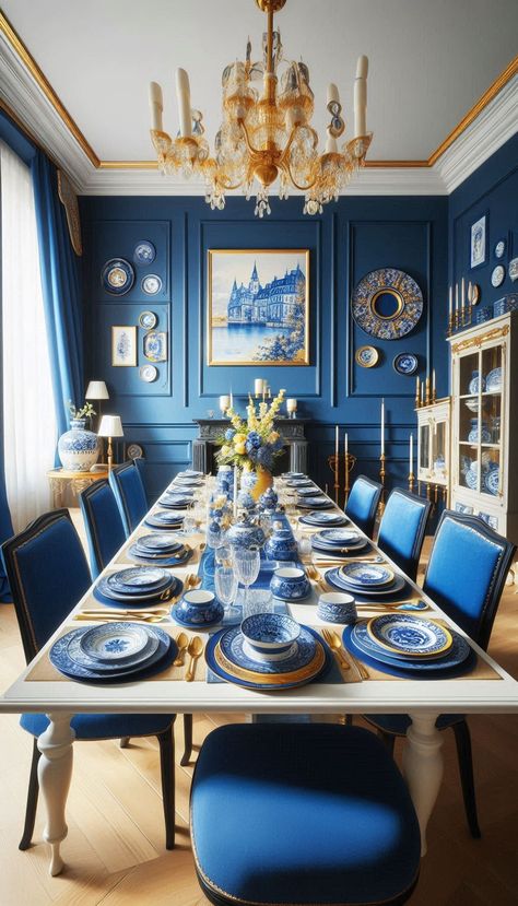 Dining Room Table Blue Chairs, Blue Willow Dining Room, Royal Blue Dining Room, Blue Dining Room, Dining Room Victorian, Room Concept, Dining Room Blue, Diy Dining Room, Country Dining