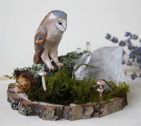 Glass Dome Cloche, Mushroom Crafts, Altered Tins, Woodland Art, Fairy Crafts, Shadow Box Art, Small Sculptures, Snowy Owl, Miniature Animals