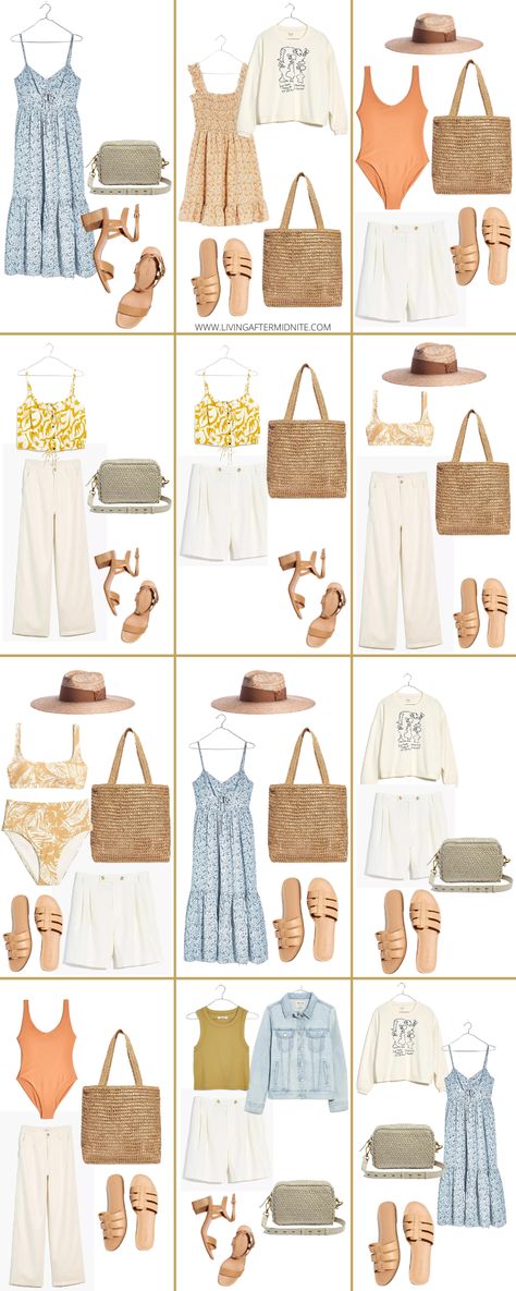 Madewell Summer Vacation Capsule Wardrobe Summer Holiday Outfits Beach Vacation Style Capsule Wardrobe, Madewell Capsule Wardrobe, Summer Staples 2024, Summer Vacation Capsule Wardrobe 2023, Beach Casual Outfits Women, Australia Outfits Summer, Coastal Cowgirl Capsule Wardrobe, Holiday Clothes Women Summer, Coastal Vacation Outfits