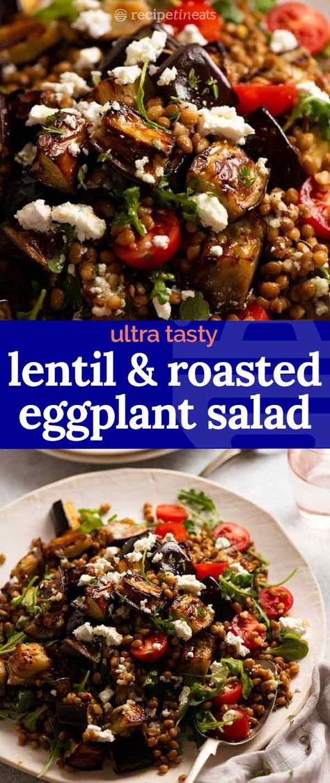 Eggplant Beans Recipes, Eggplant Salads, How To Eat Eggplant, Roasted Eggplant And Veggies, Aubergine Salad Recipes, Lentils And Roasted Vegetables, Roast Eggplant Recipes, Eggplant Salad Recipes, Salad With Eggplant