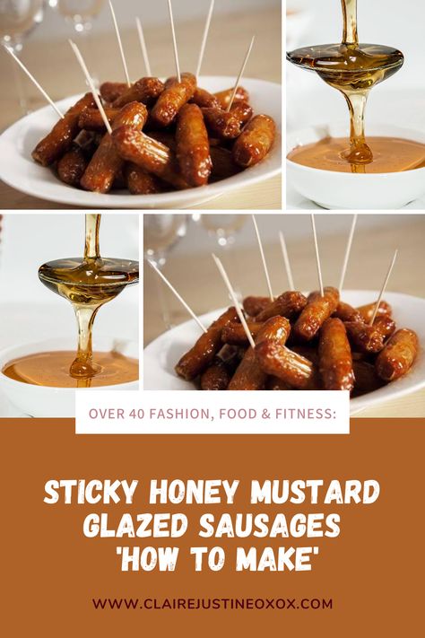 Sticky Honey Mustard Glazed Sausages anyone? Great for a weekend treat as well as a fun party idea. Honey Mustard Cocktail Sausages, Honey Mustard Sausages, Little Weenies Recipe, Glazed Sausages, Cocktail Sausage Recipes, Lil Smokies Recipes, Sticky Sausages, Cocktail Weenies, Roasted Shallots