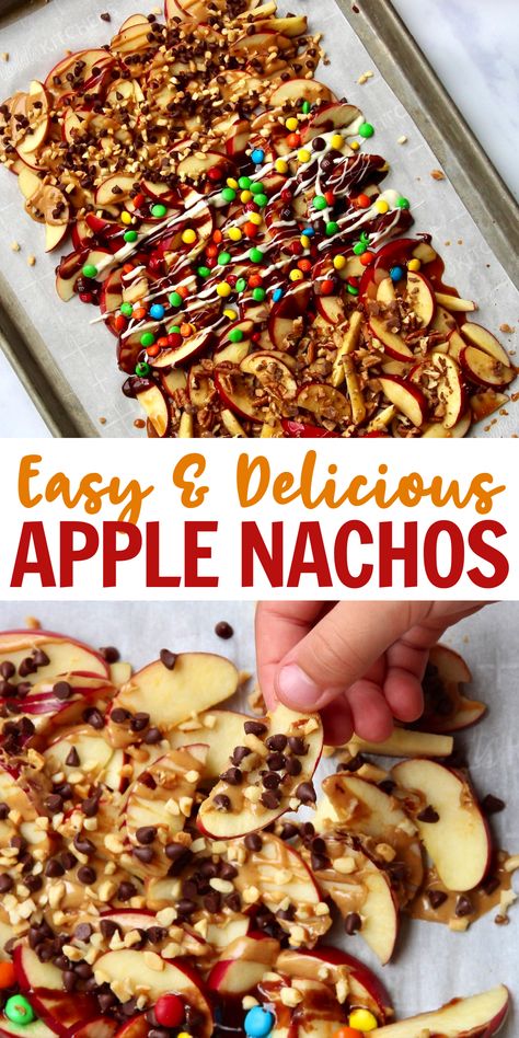 Satisfy your sweet tooth with these fun and yummy Apple Nachos made three ways! They’re so easy to make and taste so great for a snack or dessert that everyone will enjoy! #applenachos #easysnack Candy Apple Nachos, Different Nacho Ideas, Fall Apple Nachos, Carmel Apple Nachos Sheet Pan, Caramel Apple Nachos Recipe, Apple Nachos Bar, Apple Snack Ideas, Apple Nacho Bar, Fall Snack Ideas