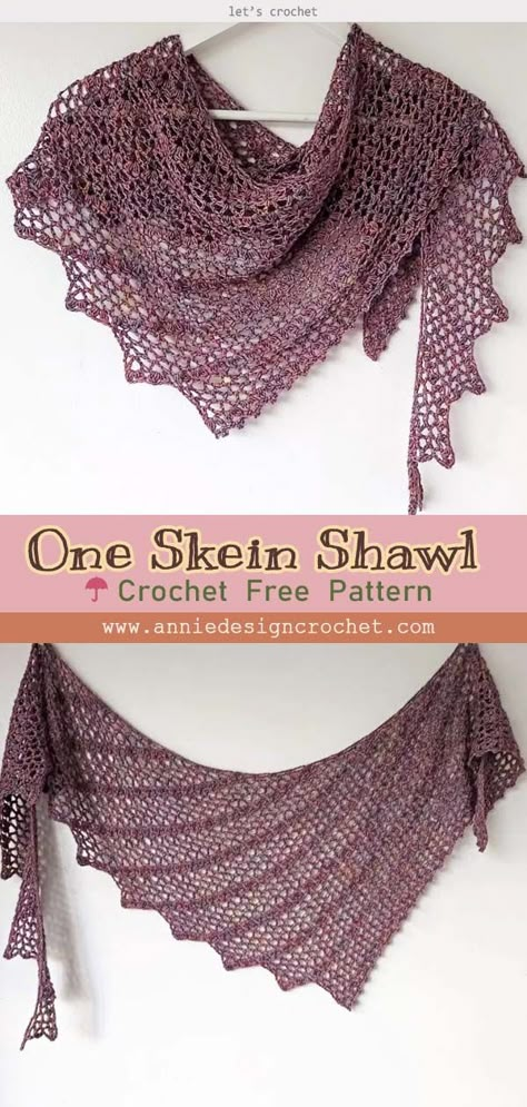 One Skein Crochet Shawl Free Pattern #freecrochetpattern #crochetpattern #shawlpattern Crochet One Skein Shawl, V Stitch Shawl, Knitted Shawls Free Patterns Easy, Formal Crochet Shawl Pattern, Crochet Triangular Shawl, Asymmetrical Shawl Crochet Pattern, One Skein Crochet Scarf, Crocheted Triangular Shawl, Easy Crochet Triangle