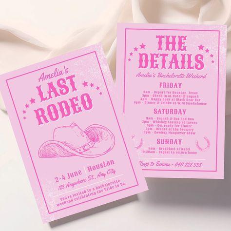 It's her last rodeo! 🩷✨️🐎 Country themed bachelorette invitations are so hot right now! Let's celebrate the bride to be in style for her hens party weekend. This editable set includes an invitation and a matching itinerary template for weekend bacheloeette parties too! Digital animated versions for mobile also included.✔️ This ain't Texas... or is it?... 🤠 #herlastrodeo #lastrodeo #rodeobachelorette #bacheloretteweekend #henspartyideas #cowgirl #westerntheme #westernthemeparty #rodeothe... Cowgirl Hen Party Ideas, Last Rodeo Hen Party, Cowgirl Hens Party, Hens Party Ideas Themes, Hen Party Invitations, Last Rodeo Bachelorette Party, Hens Night Ideas, Rodeo Bachelorette Party, Last Rodeo Bachelorette