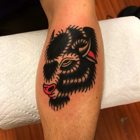 Benjamin Schwartz on Instagram: “A funky bison for @brodyslowhands thanks Cody ! #bensloth #bisontattoo #blacktattoo #solidtattoo #trad #traditionaltattoos…” Buffalo American Traditional Tattoo, American Traditional Bison Tattoo, Cow Tattoo Traditional, Traditional Buffalo Tattoo, Small Traditional Tattoo, Bison Tattoo, Buffalo Tattoo, Concept Tattoo, Bull Skull Tattoos