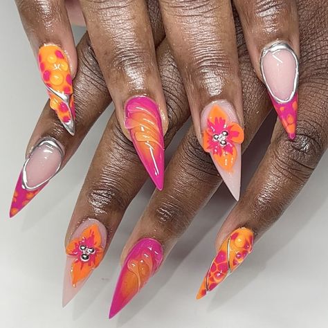 ig: acrylicsbyfatima Orange And Pink Short Nails, Hot Pink Orange Nails, Pink And Orange Acrylic Nails, Ginger Nails, Orange Pink Nails, Pink Orange Nails, Pink Short Nails, Orange Acrylic Nails, Coconut Dream